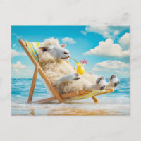 Sheep in deck chair with cocktail illustration