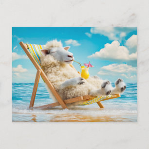 Sheep in deck chair with cocktail illustration holiday postcard