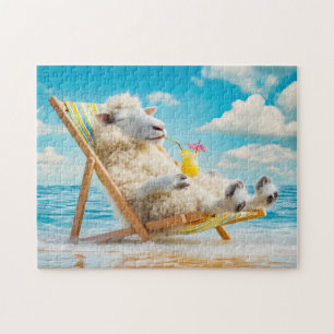 Sheep in deck chair with cocktail illustration jigsaw puzzle