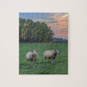 Sheep in Field with Sunset Jigsaw Puzzle