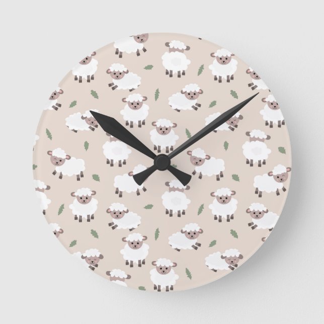 Sheep & Lamb Cute Gender Neutral Baby Nursery Round Clock (Front)