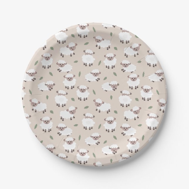 Sheep & Lamb Cute Hand Drawn Farm Animals Paper Plate (Front)