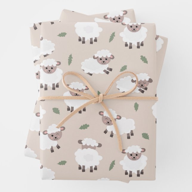 Sheep & Lamb Cute Hand Drawn Farm Animals Wrapping Paper Sheet (In situ)
