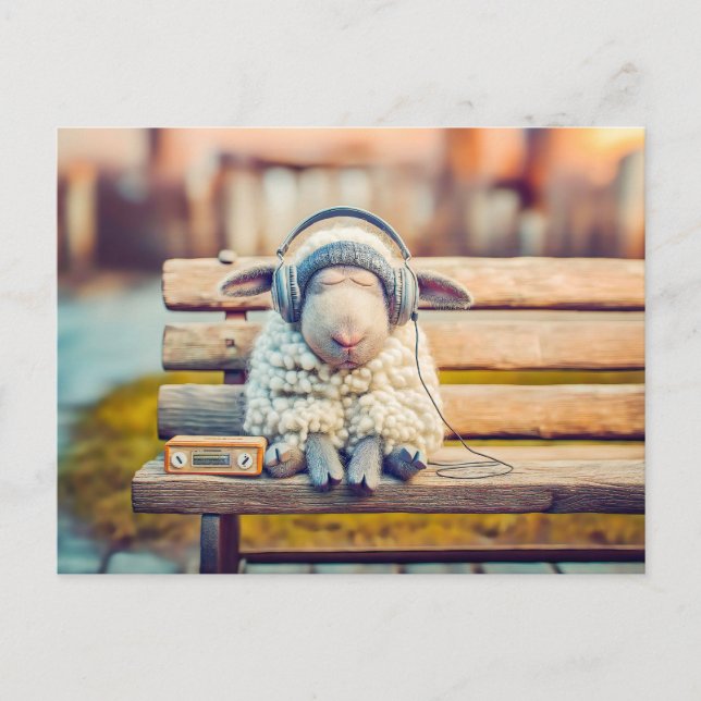 Sheep napping with headphones bench holiday postcard (Front)