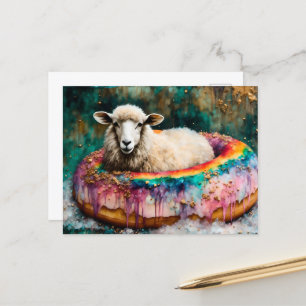Sheep on a Rainbow Colour Floating Doughnut Postcard