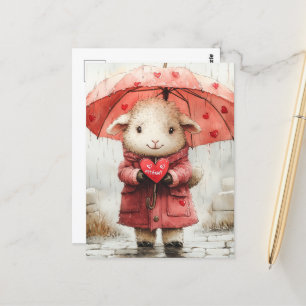 Sheep on a Rainy Day Pink Hearts Umbrella Postcard