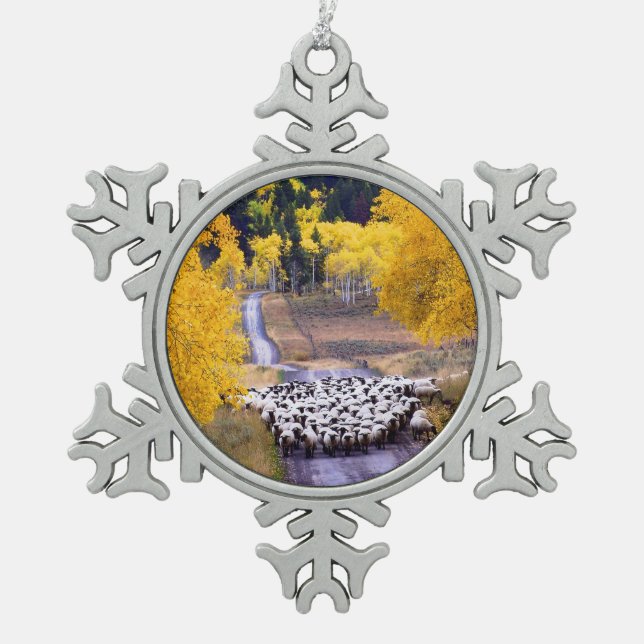 Sheep on Country Road Snowflake Pewter Christmas Ornament (Front)
