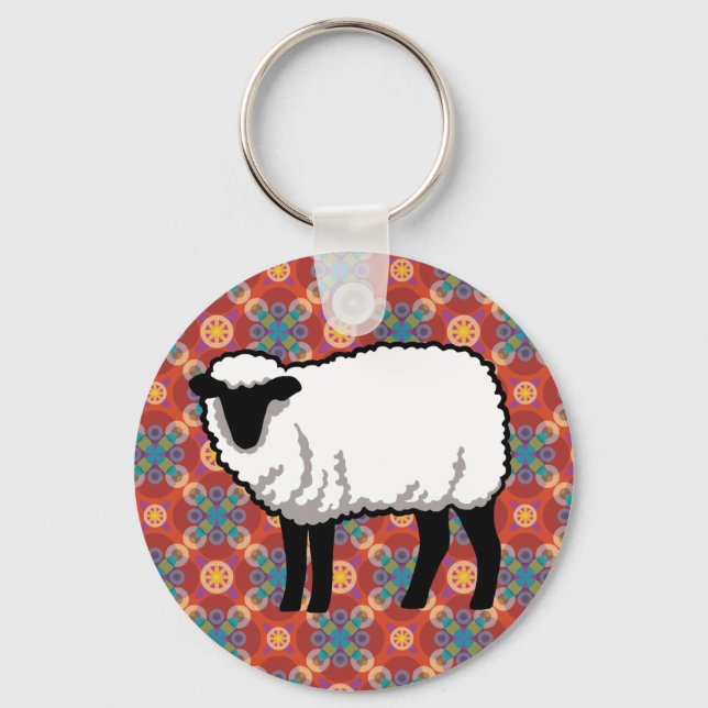 Sheep on Ornate Red Pattern Key Ring (Front)