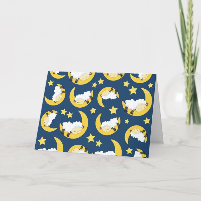 Sheep Pattern, Sleeping Sheep, Moon, Stars Card (Front)