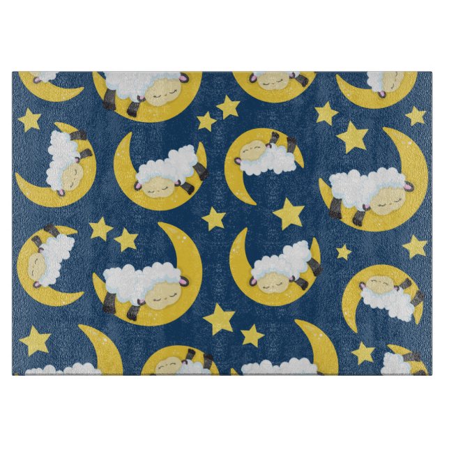 Sheep Pattern, Sleeping Sheep, Moon, Stars Cutting Board (Front)