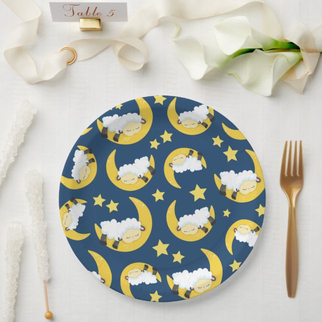 Sheep Pattern, Sleeping Sheep, Moon, Stars Paper Plate (Wedding)