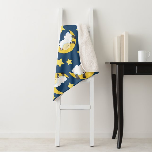 Sheep Pattern, Sleeping Sheep, Moon, Stars Sherpa Blanket (In Situ)