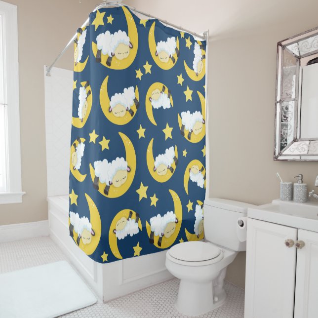 Sheep Pattern, Sleeping Sheep, Moon, Stars Shower Curtain (In Situ)