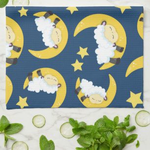 Sheep Pattern, Sleeping Sheep, Moon, Stars Tea Towel
