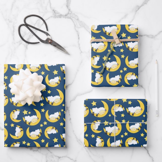 Sheep Pattern, Sleeping Sheep, Moon, Stars Wrapping Paper Sheet (Front)