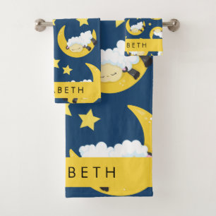 Sheep Pattern, Sleeping Sheep, Moon, Your Name Bath Towel Set