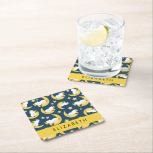 Sheep Pattern, Sleeping Sheep, Moon, Your Name Square Paper Coaster