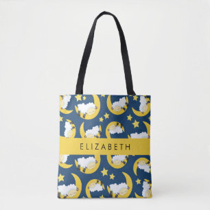 Sheep Pattern, Sleeping Sheep, Moon, Your Name Tote Bag