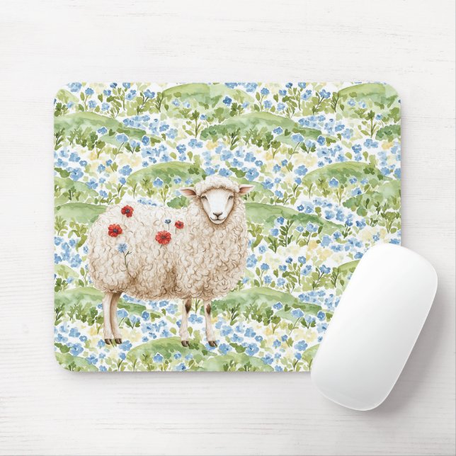 Sheep Red Poppies Blue Flowers Meadow Mouse Pad (With Mouse)