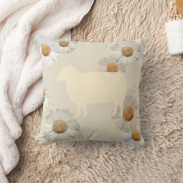 Sheep Silhouette and Floral Daisies Throw Pillow (Blanket)