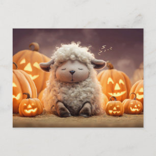 Sheep sleeping among Halloween pumpkins illustrati Holiday Postcard