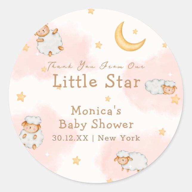 Sheep Twinkle Twinkle Moon Stars Girl Baby Shower  Classic Round Sticker (Front)
