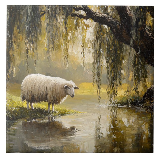 Sheep Under A Willow Tree Painting Tile (Front)