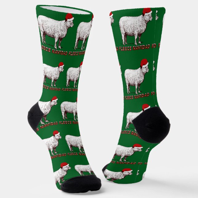 Sheep Wearing Santa Hat And Pun Fleece Navidad Socks (Angled)