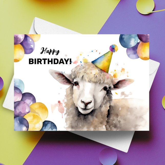Sheep with Balloons and Party Hat Happy Birthday Card (Creator Uploaded)