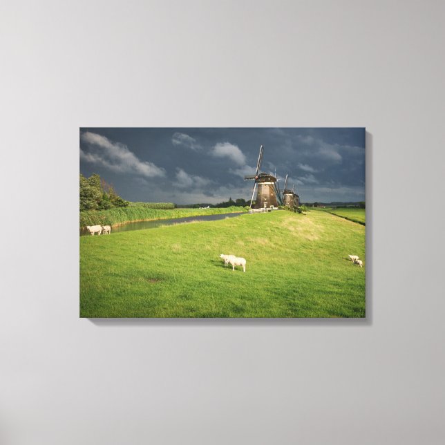 Sheep with windmills under dark clouds canvas print (Front)