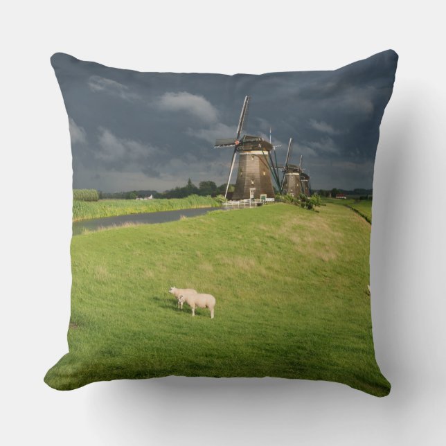 Sheep with windmills under dark clouds cushion (Front)