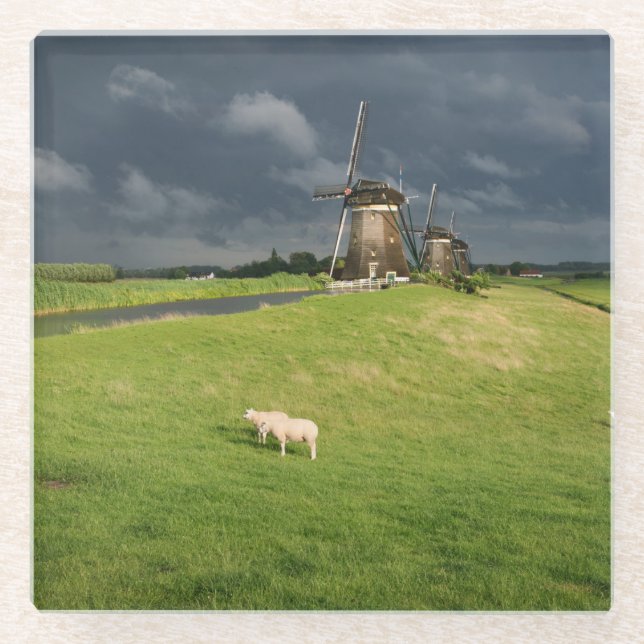Sheep with windmills under dark clouds glass coaster (Front)