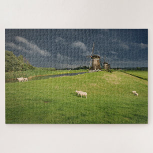Sheep with windmills under dark clouds jigsaw puzzle