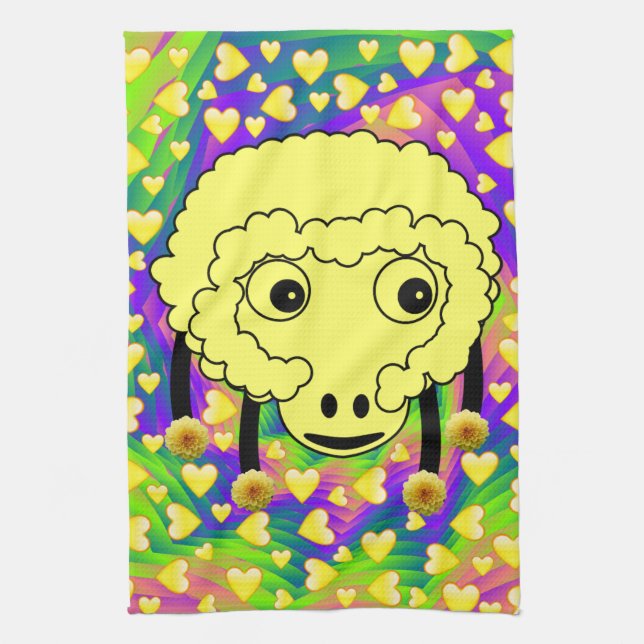 Sheep Yellow Hearts Kitchen Hand Towel (Vertical)