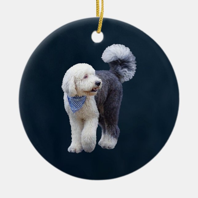 Sheepadoodle With Blue Chequered Scarf Ceramic Tree Decoration (Front)