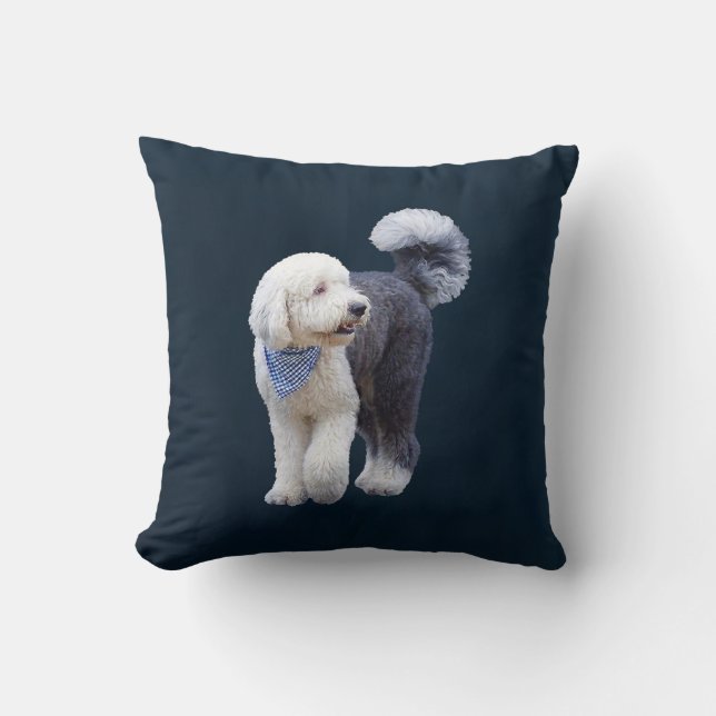 Sheepadoodle With Blue Chequered Scarf Cushion (Front)