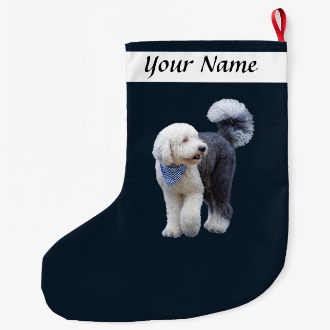 Sheepadoodle With Blue Chequered Scarf Large Christmas Stocking (Back)