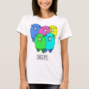 Sheeps - Five fat fluffy coloured cartoon sheep T-Shirt
