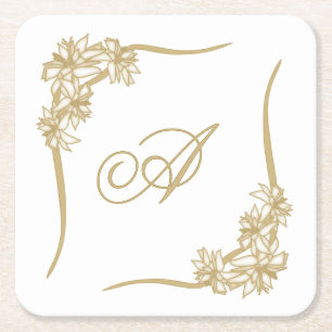Sheer Poinsettia Lace Monogramed Square Paper Coaster
