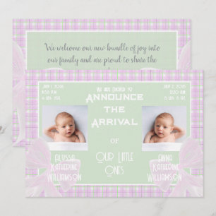 Sheer Twin Pink bows on Pink Mint Green Plaid  Invitation