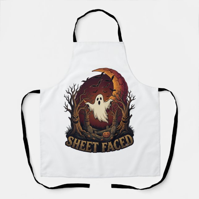 Sheet Faced Ghost Halloween Spooky Trees Moon_1 Apron (Front)