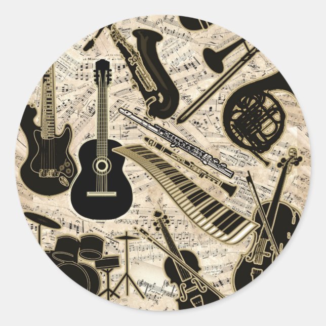 Sheet Music and Instruments Black/Gold Classic Round Sticker (Front)