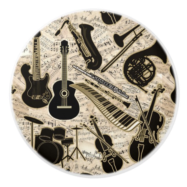 Sheet Music and Instruments Black/Gold ID481 Ceramic Knob (Front)