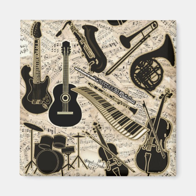 Sheet Music and Instruments Black/Gold ID481 Magnet (Front)
