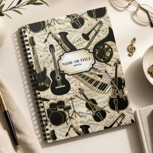 Sheet Music and Instruments Black/Gold ID481 Spiral Notebook