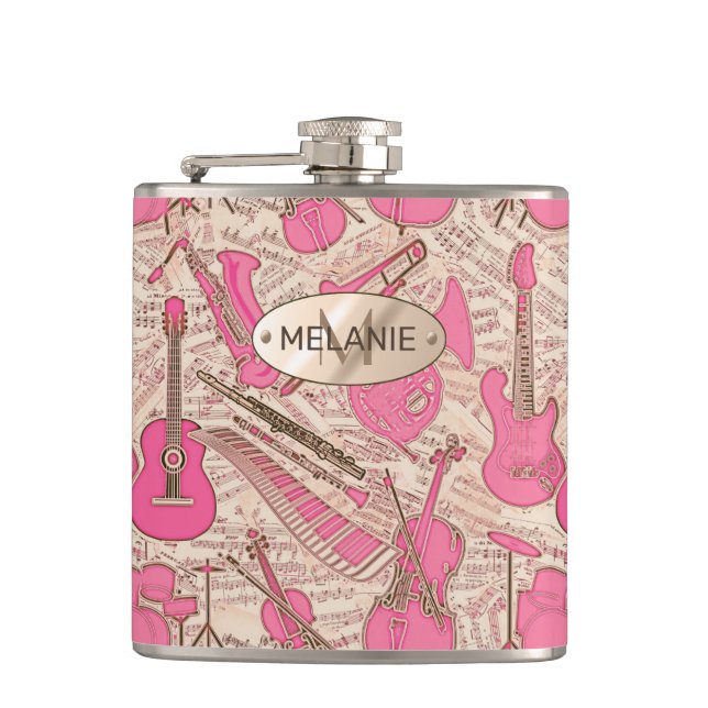 Sheet Music and Instruments Pink/Ivory ID481 Hip Flask (Front)