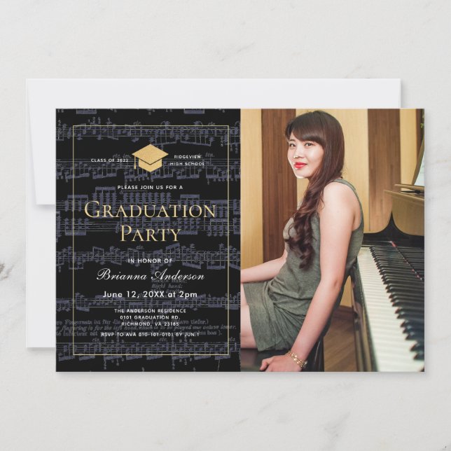 Sheet Music Black & Gold Photo Graduation Party Invitation (Front)
