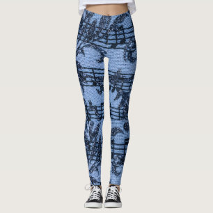 Sheet Music Flourishes Denim-Look Blue on Blue Leggings