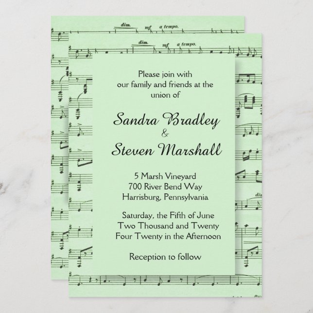 Sheet Music Green Wedding Invitation (Front/Back)