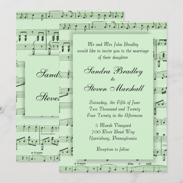 Sheet Music Green Wedding Invitation (Front/Back)
